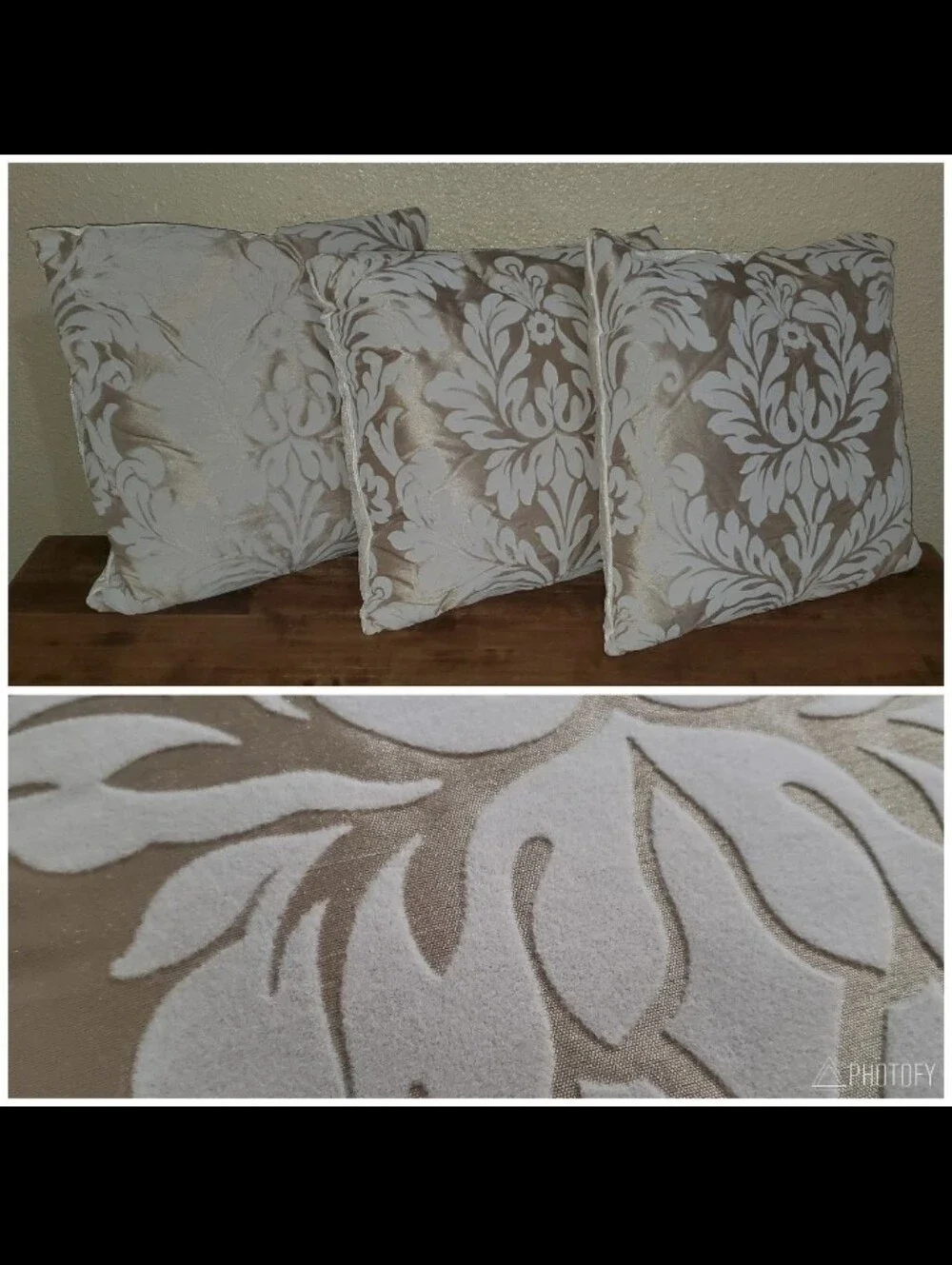 3 Vintage Gold & Ivory Cream Velour Velvet Damask Decorative Home Throw Pillows